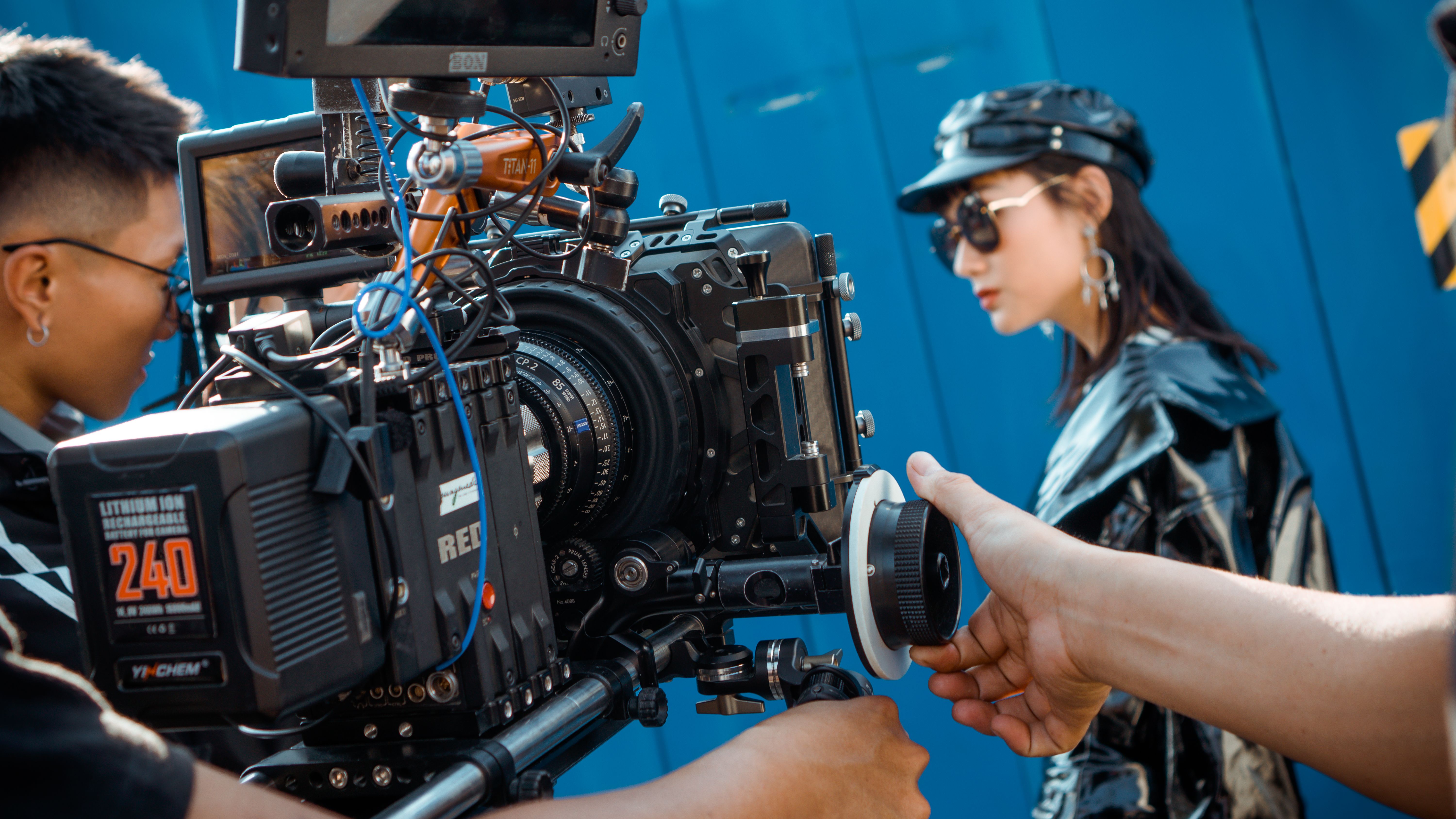 Film school production set with professional camera equipment and lighting
