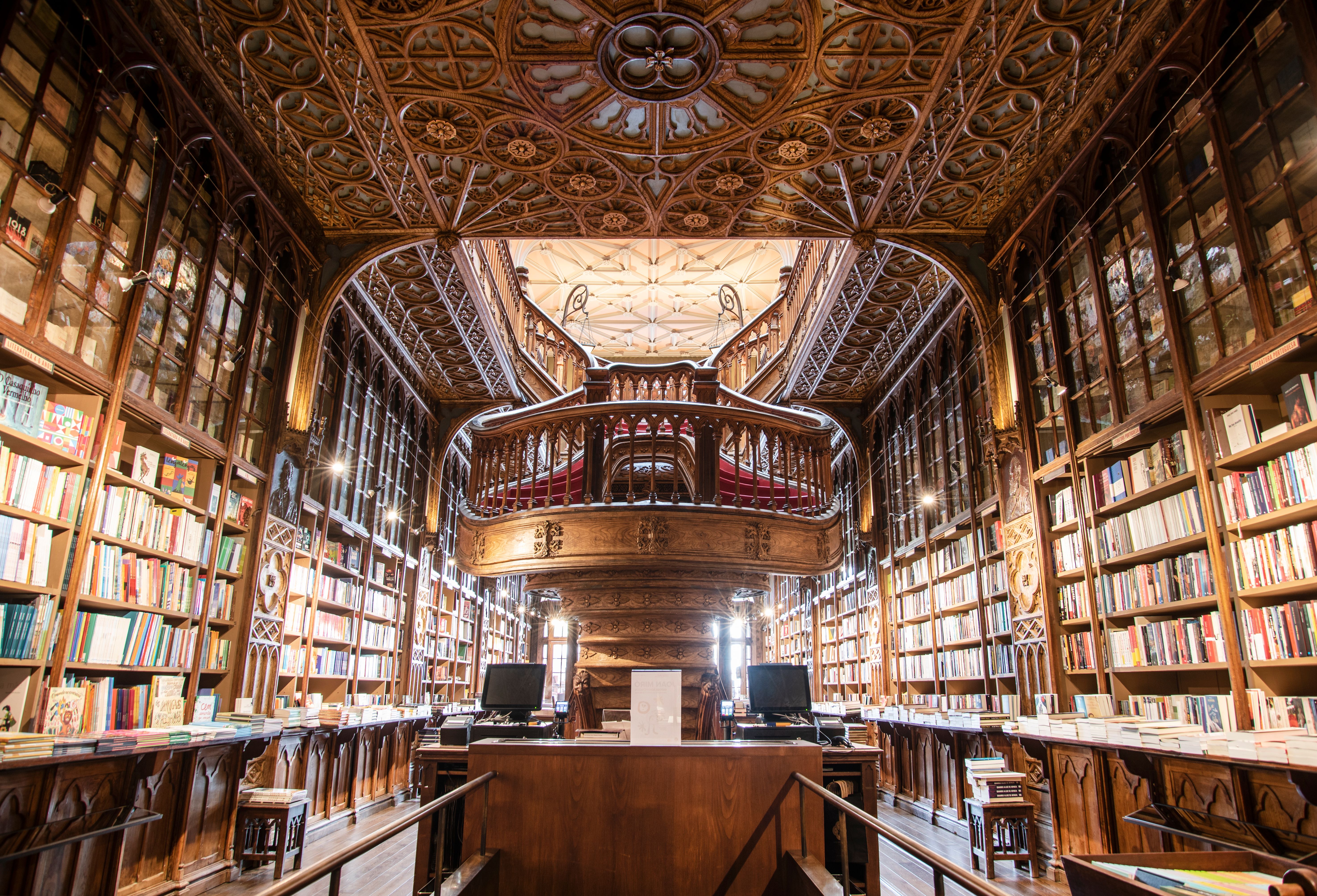 Modern library interior with students studying