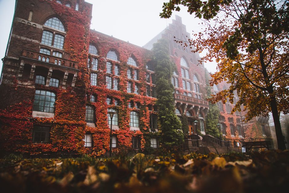 Norwegian university campus with modern architecture and students