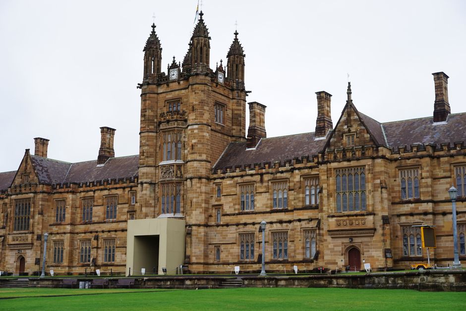 Campus view of Australian National University with modern buildings and green spaces